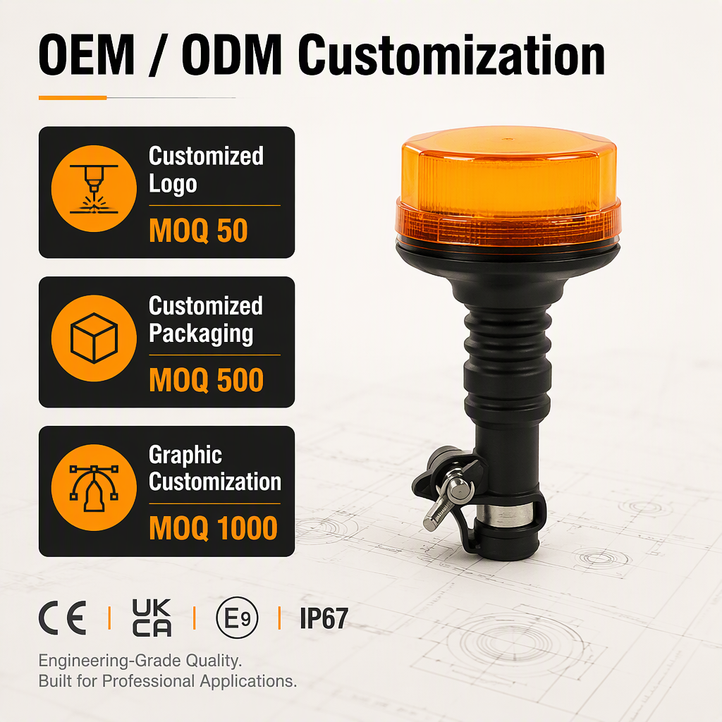 Emark Approved Waterproof Amber LED Beacon Signal Light Warning Flashing Rotating Flexible DIN Pole Tractor Light