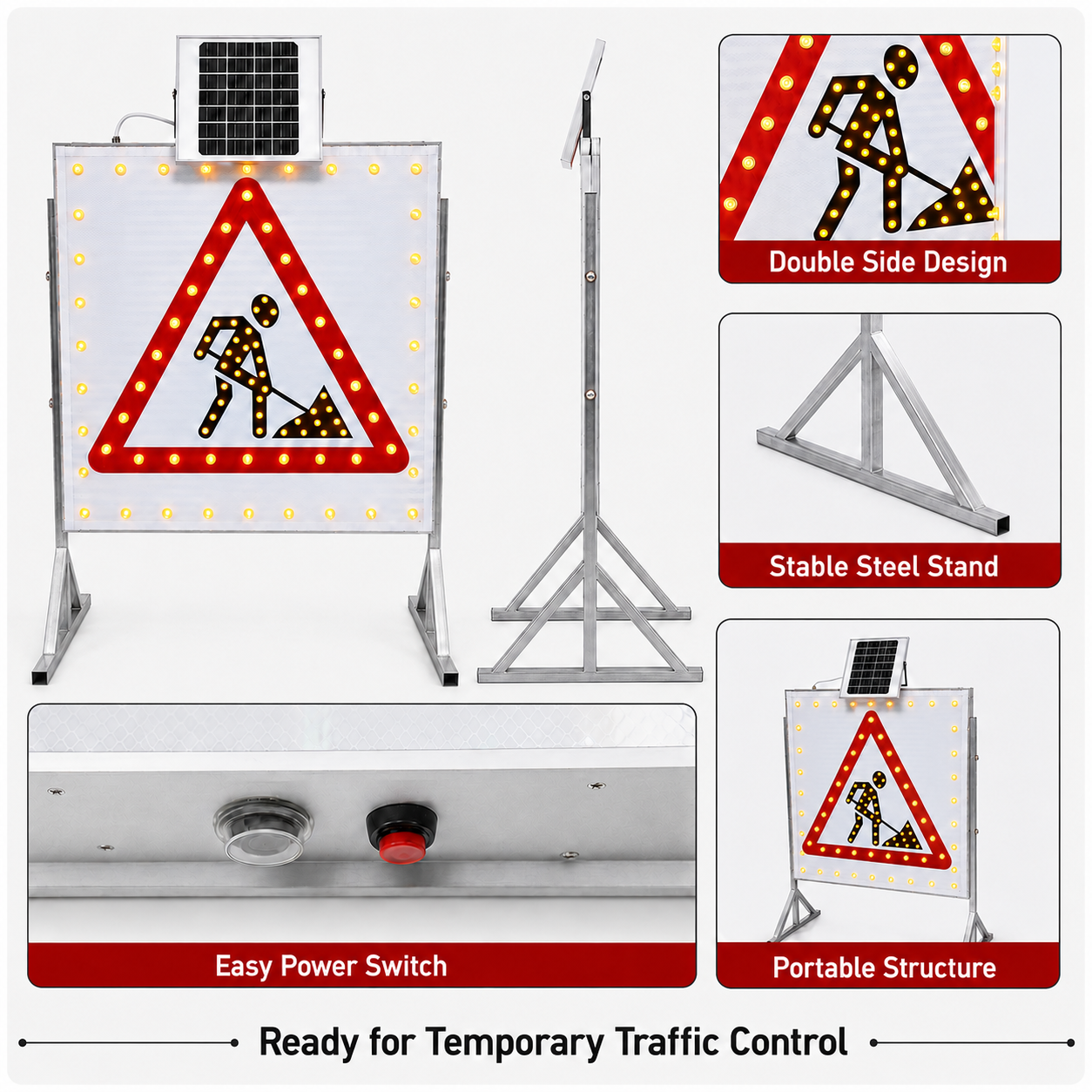 Solar Powered LED Triangle Warning Sign 600mm Pole Mounted Flashing IP65 Traffic Safety Light for Pedestrian Work Zone