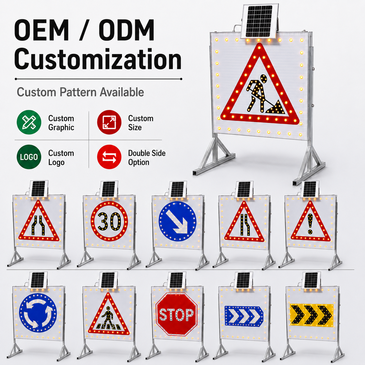 Solar Powered LED Triangle Warning Sign 600mm Pole Mounted Flashing IP65 Traffic Safety Light for Pedestrian Work Zone