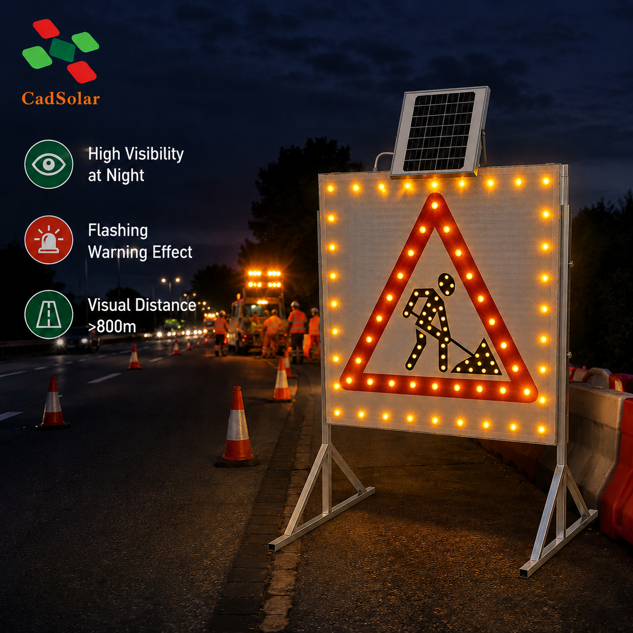 Solar Powered LED Triangle Warning Sign 600mm Pole Mounted Flashing IP65 Traffic Safety Light for Pedestrian Work Zone