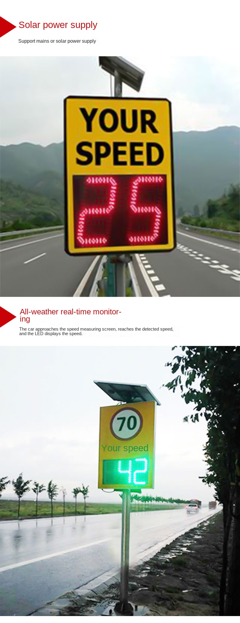 Outdoor LED Warning Sign Solar Power Radar Speed Sign Traffic Flashing Speed Limit Signs