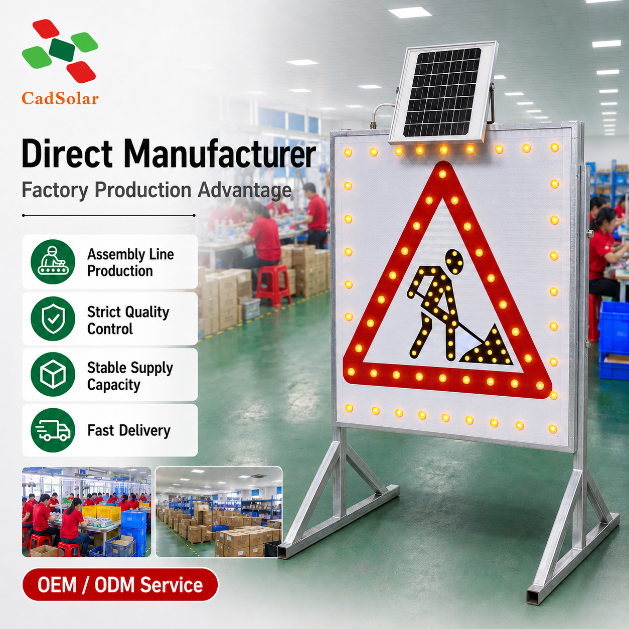 Solar Powered LED Triangle Warning Sign 600mm Pole Mounted Flashing IP65 Traffic Safety Light for Pedestrian Work Zone