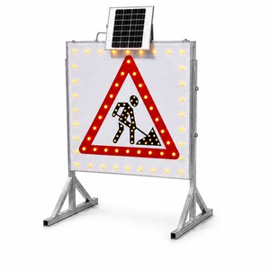 Solar Powered LED Triangle Warning Sign 600mm Pole Mounted Flashing Light