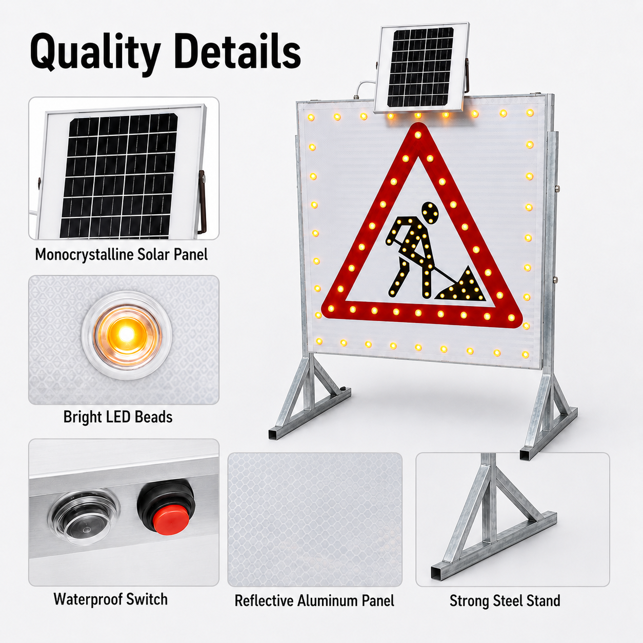 Solar Powered LED Triangle Warning Sign 600mm Pole Mounted Flashing IP65 Traffic Safety Light for Pedestrian Work Zone