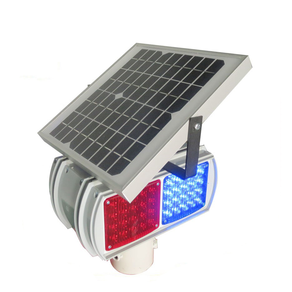 Double Sided 2 Groups Solar Powered Urban Road Hazard signal Flashing Led Warning Lamp Solar Red Blue Strobe Traffic Light