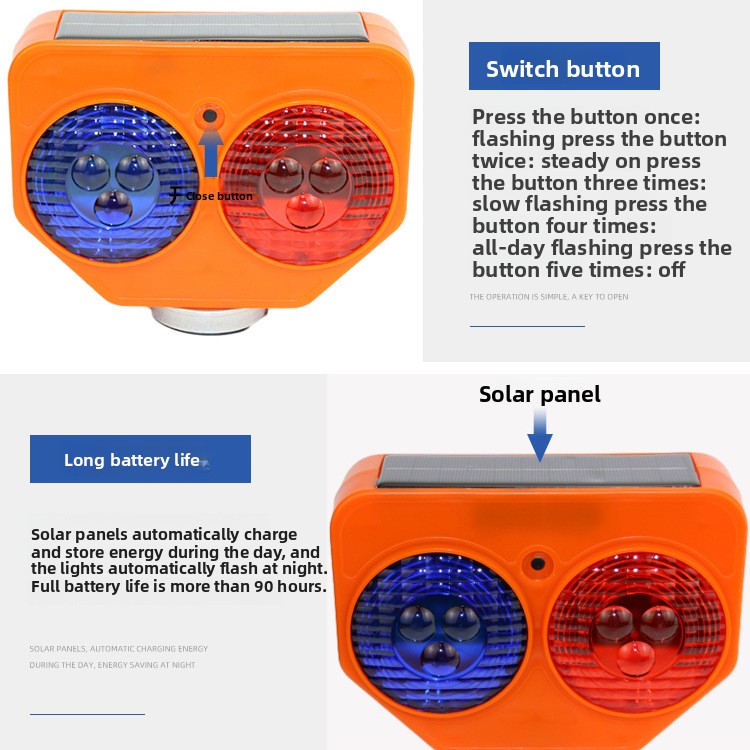 Nighttime Solar-Powered LED Cat-Eye Iron Frame Red-Blue Strobe Warning Light for Road Construction Traffic Cone Barrier