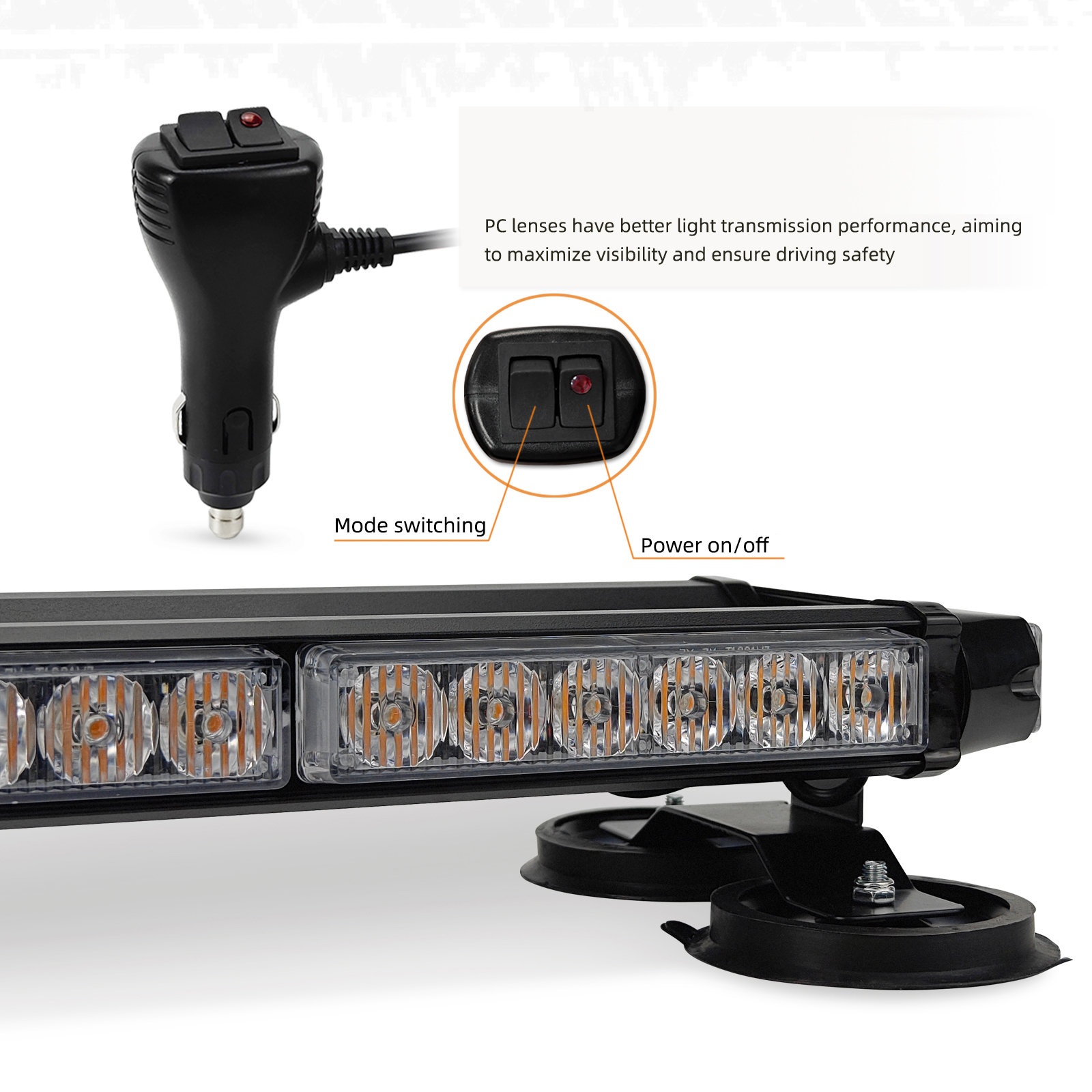 High-intensity 72W LED strip lights with strong magnetic warning function, featuring red and blue flashing lights.