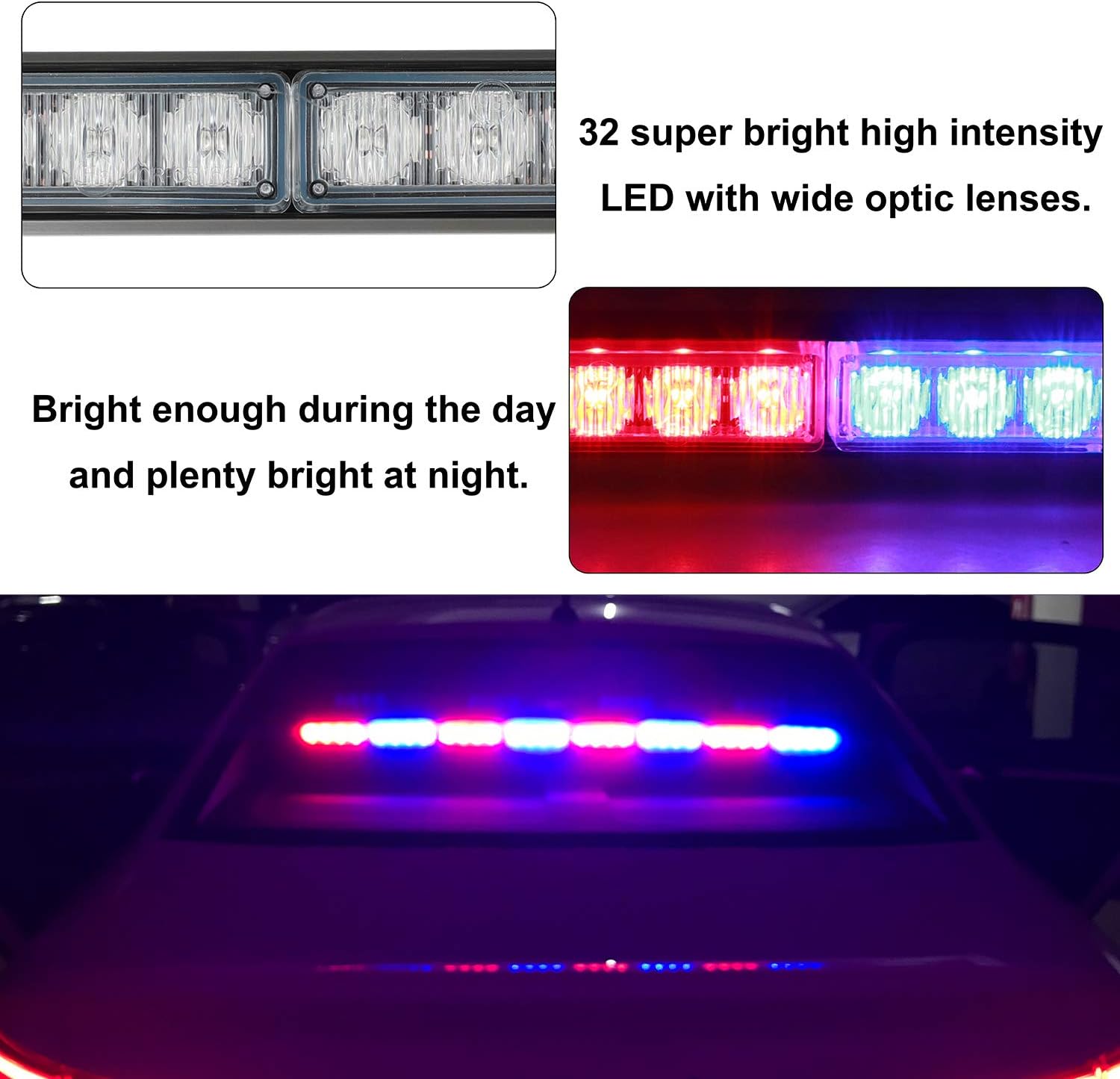 36 Inch 32-LED Traffic Advisor Light Bar Warning Emergency Strobe Light Bar with 16 ft Straight Cord (Red/Blue)