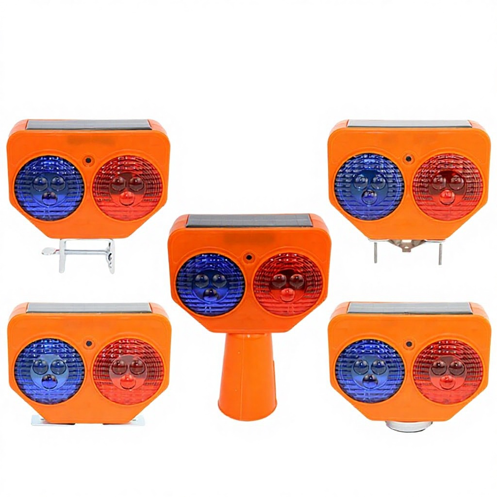 Nighttime Solar-Powered LED Cat-Eye Iron Frame Red-Blue Strobe Warning Light for Road Construction Traffic Cone Barrier