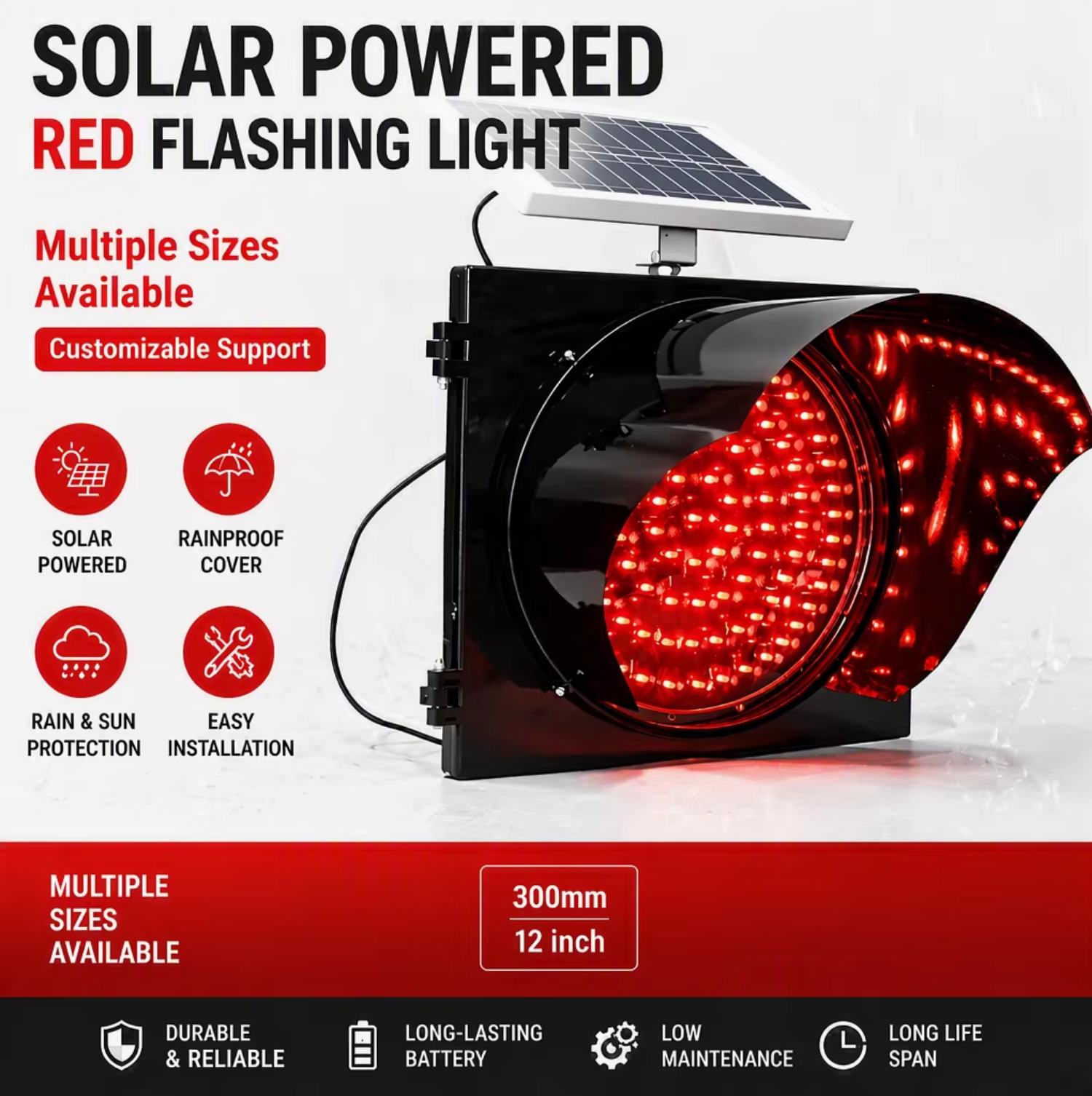 Durable Waterproof Solar LED Red Blinker Light Solar Flashing Warning Beacon for Traffic Control Construction