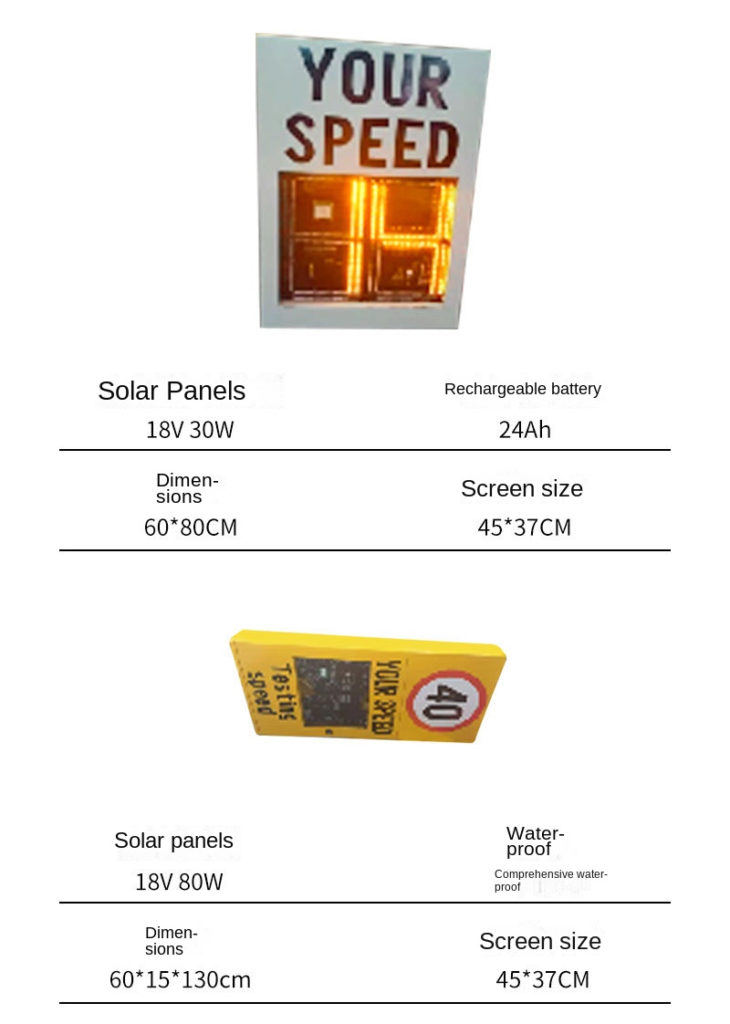 Outdoor LED Warning Sign Solar Power Radar Speed Sign Traffic Flashing Speed Limit Signs