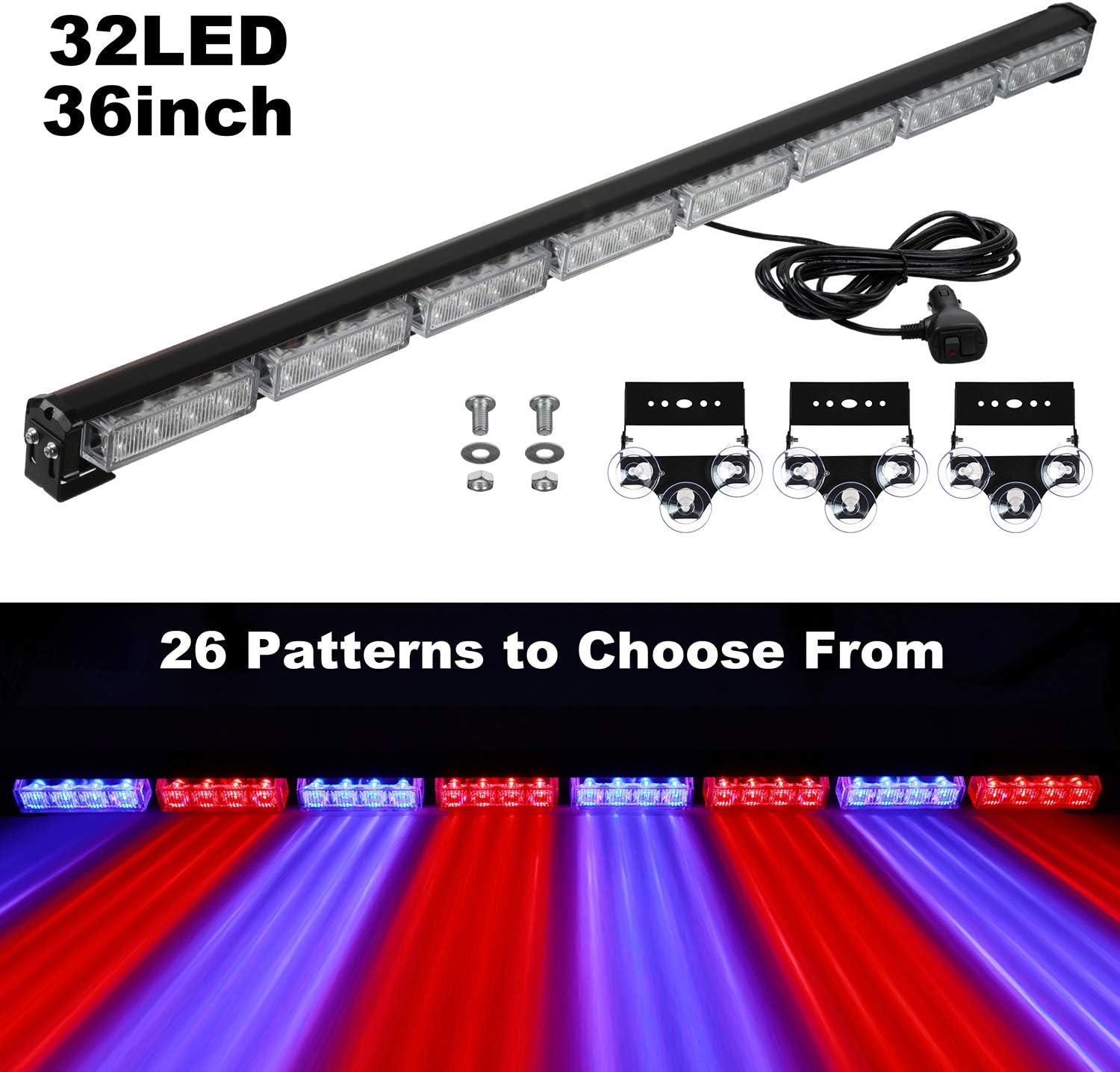 36 Inch 32-LED Traffic Advisor Light Bar Warning Emergency Strobe Light Bar with 16 ft Straight Cord (Red/Blue)