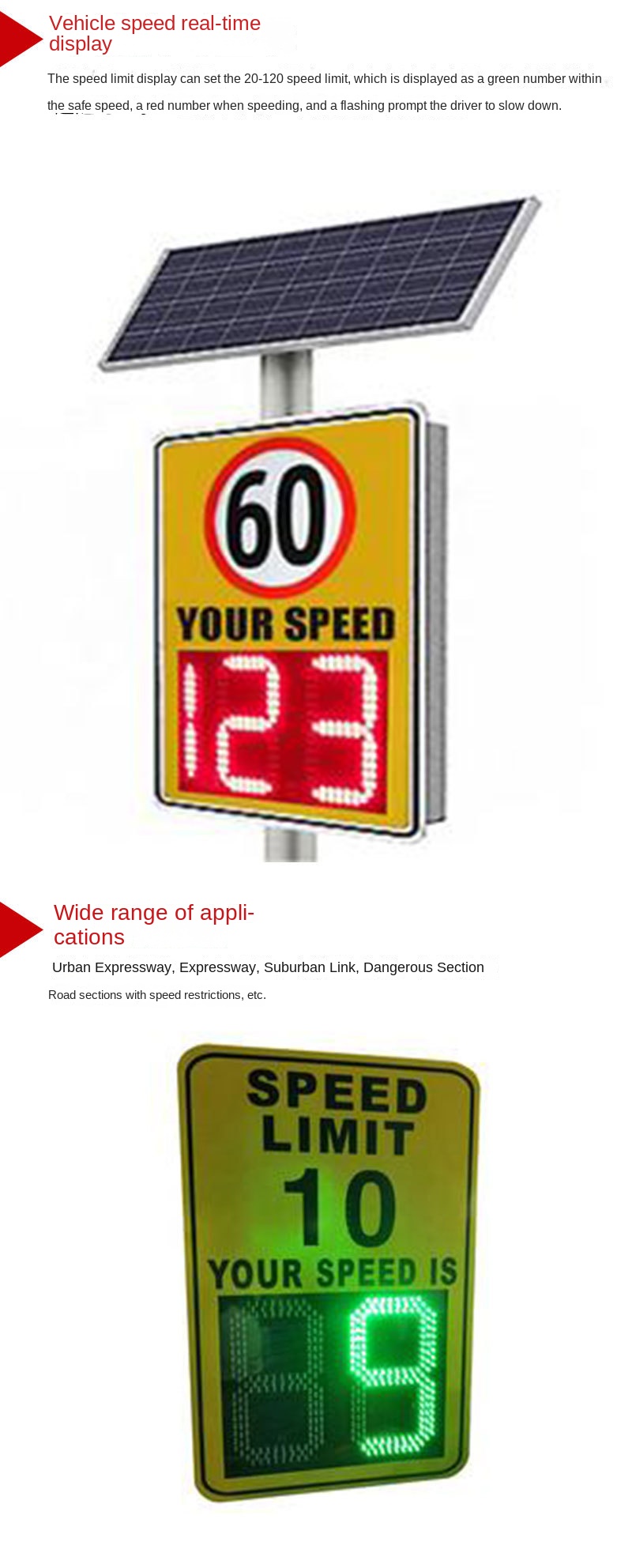 Outdoor LED Warning Sign Solar Power Radar Speed Sign Traffic Flashing Speed Limit Signs