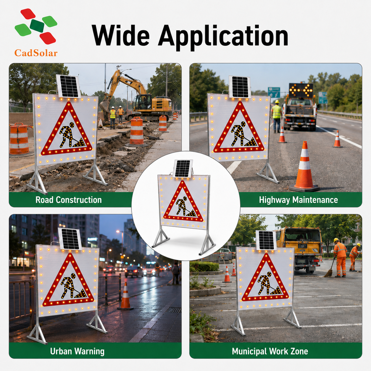 Solar Powered LED Triangle Warning Sign 600mm Pole Mounted Flashing IP65 Traffic Safety Light for Pedestrian Work Zone