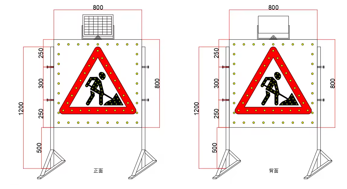 Solar Powered LED Triangle Warning Sign 600mm Pole Mounted Flashing IP65 Traffic Safety Light for Pedestrian Work Zone