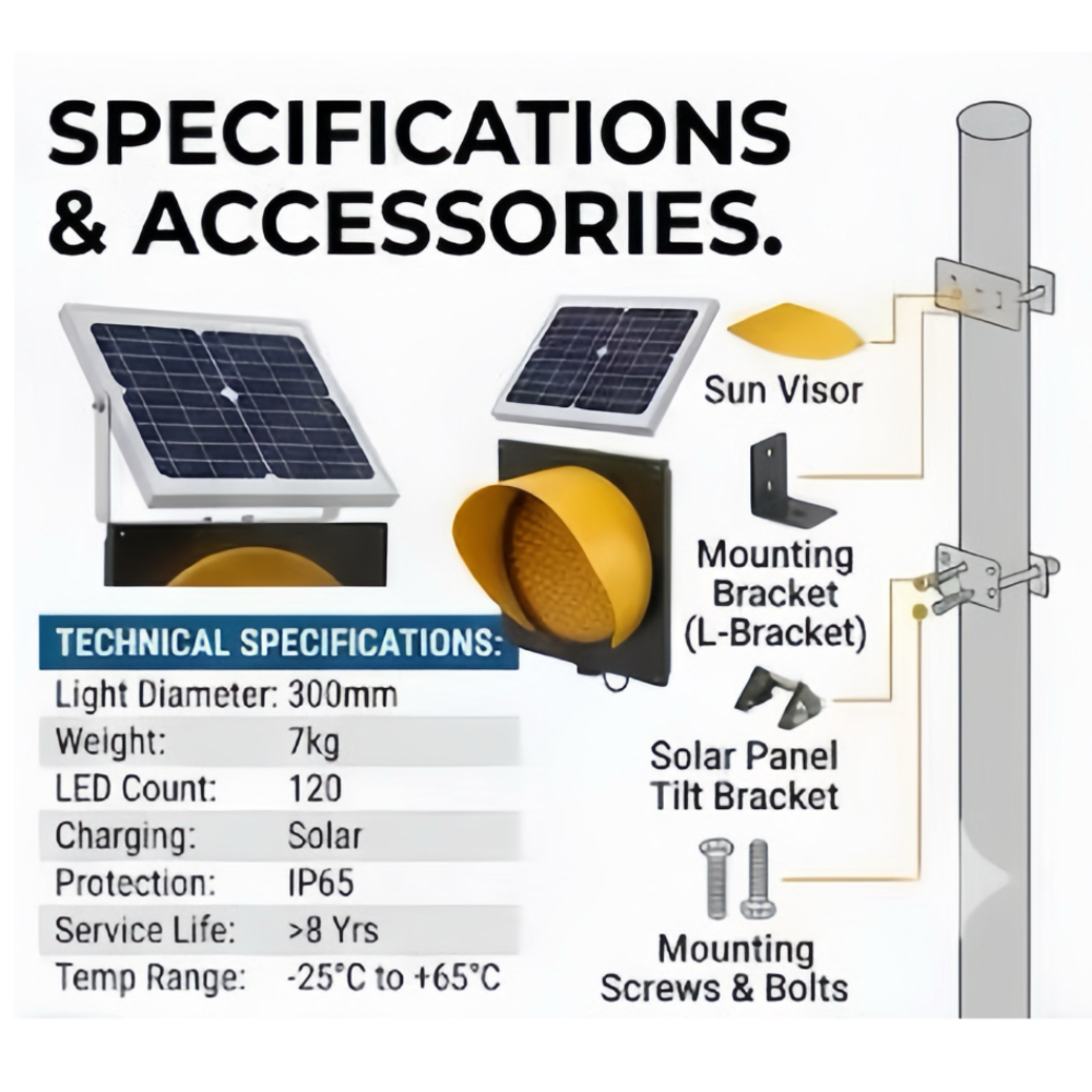 Factory Wholesale 12 Inch Solar Powered Aluminium Yellow Flashing LED Road Blinker Warning Light Pole Mount IP68 Rated