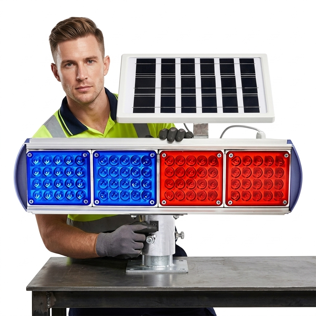 High Quality Solar ABS Red Blue LED Flashing Traffic Sign Warning Night Safety protection Level IP65 Flashing Light